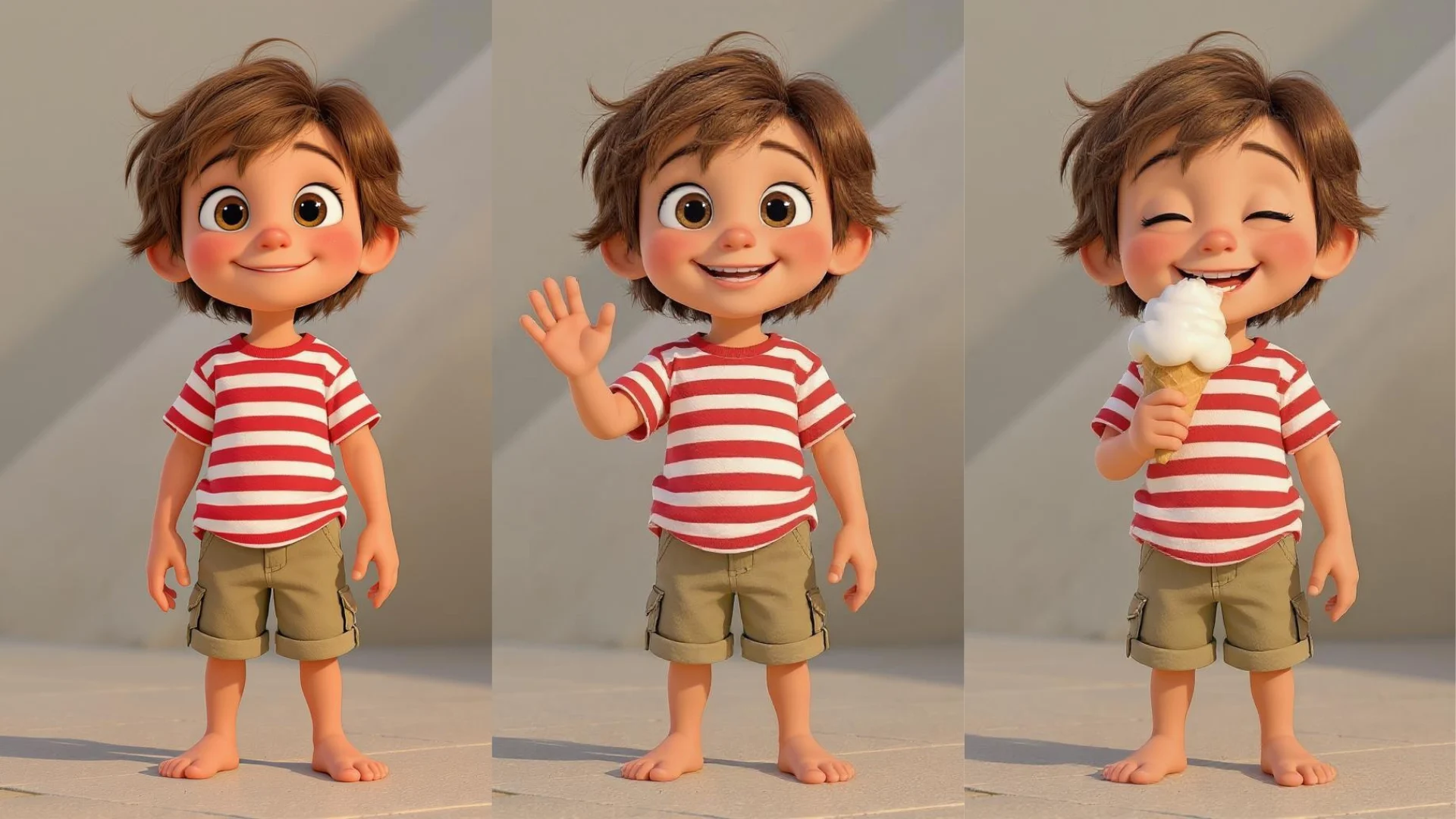The same cartoon boy in three poses with an identical face, hair, and outfit
