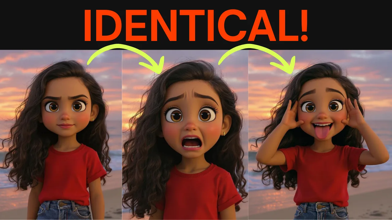 The same cartoon girl in three expressions, labelled identical