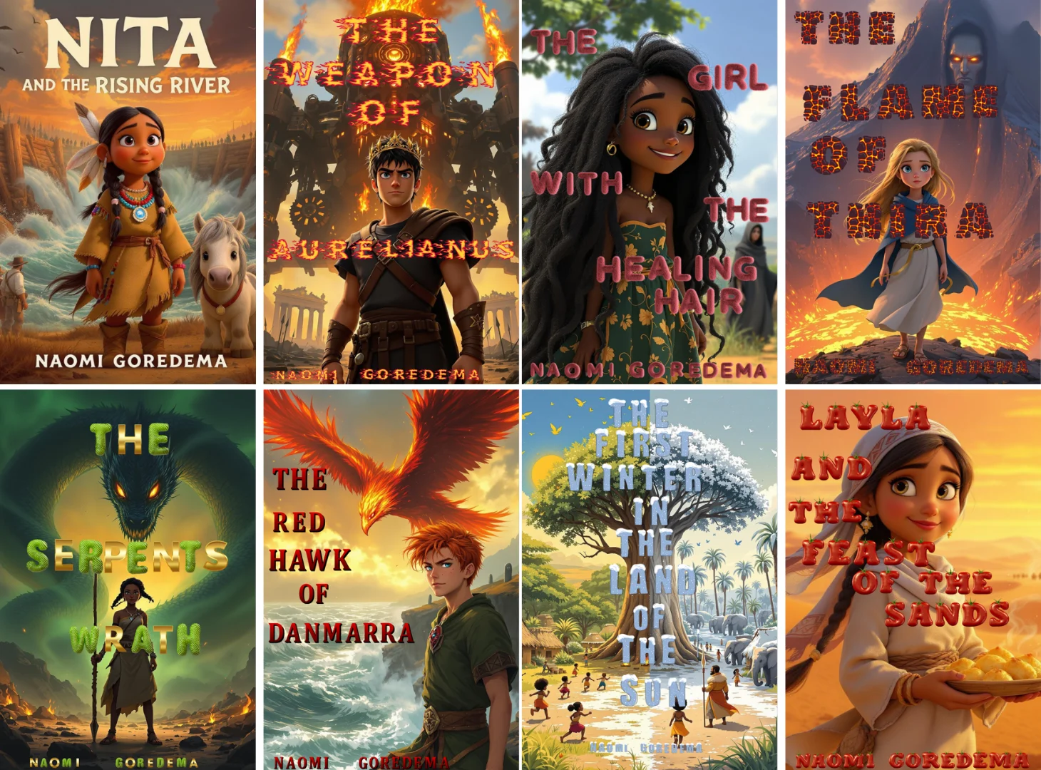 Eight finished children's book covers illustrated with Neolemon by author Naomi Goredema